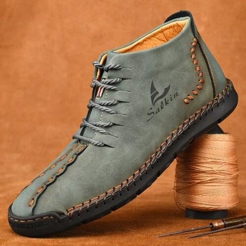Hand-stitching Winter Men Boots Leather Patent Tooling Ankle Boots Blue Outdoor Autumn Hombres Botas Men Casual Leather Shoes