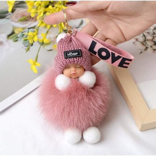 Pompom Sleeping Baby Keychain Cute Fluffy Plush Doll Keychains Women Girl Bags Keyrings Cars Key Ring Gift Charming Decoration