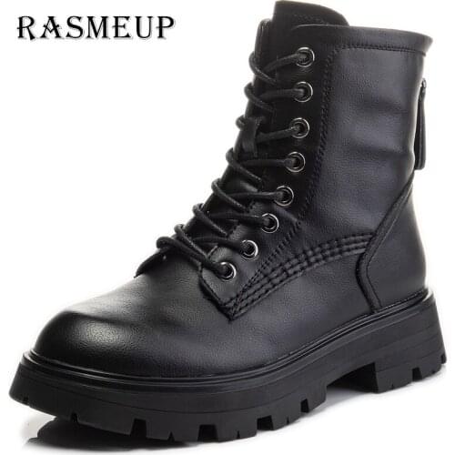 RASMEUP Leather Boots Womens Autumn And Winter 2021 British Style Thick Heel Short Boots Women Casual All-Match Womens Shoes