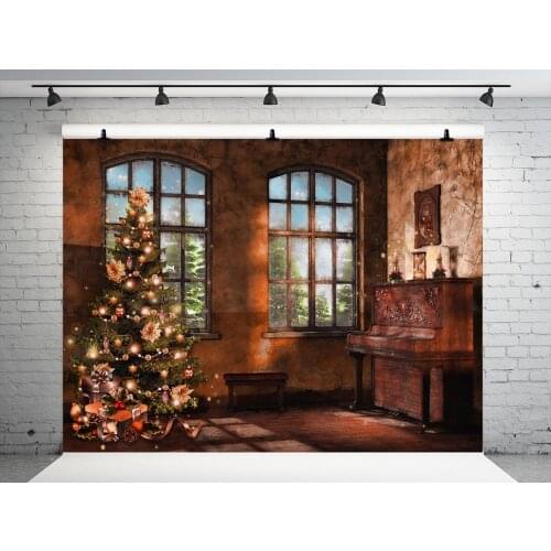 VinylBDS Indoor Warmth Christmas Backdrops For Photography Windows Tree Children Christmas Decorations For Home Winter Wood