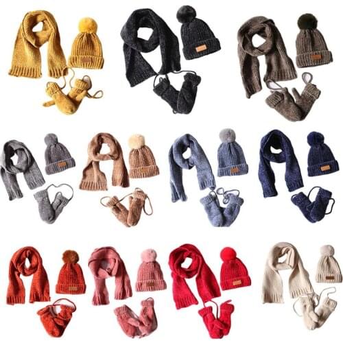 Toddler Boys Girls Baby Pompom Beanie Hat Scarf Gloves 3 Pieces Set Ribbed Knitted Cuffed Cap Kids Winter Outdoor Sport Warmer