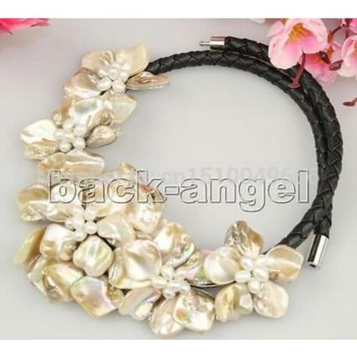 Jewelry white mother of pearl shell white pearl flower pendant strand necklace 18"long