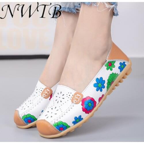 Ballet Summer Flower Print Women Genuine Leather Shoes Woman Flat Flexible Nurse Peas Loafer Flats Appliquesm Sapatos de senhora