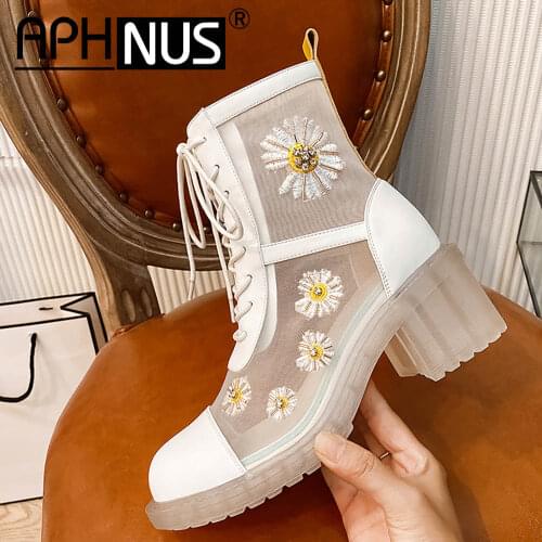 APHNUS Womens Boots Cut Outs Flowers lace up Short Ankle Low Mid Heels Pumps Woman 2020 Shoes For Women New Boot