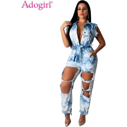 Adogirl Tie Dye Print Jeans Jumpsuit Buttons Turn Down Collar Sleeveless Holes Denim Pants Romper Loose Overalls Streetwear