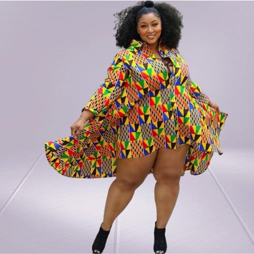 Geometric Printing Plus Size 5XL Dresses for Women Long Sleeve Lapel Mid Waist Knee Length Asymmetric Wholesale Dropshipping