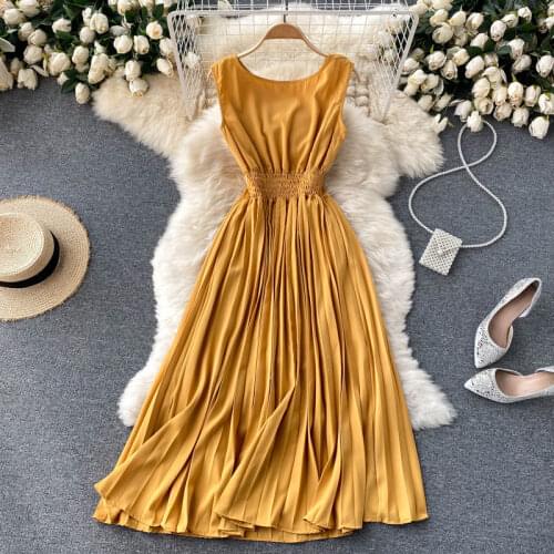 Summer Elegant Womens Sleeveless Pleated Midi Dress Femme Robe Solid O-Neck Slim Chiffon Tank Dress Vestidos 10 Color