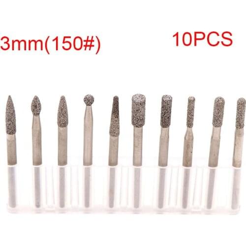 10PCS 3mm 150# Brazed Diamond Grinding Head Bits Burrs Jade Peeled And Carved Metal Inner Hole Grinding Shank 3mm