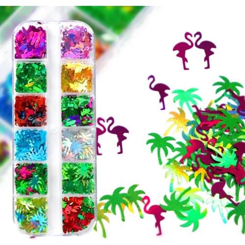 12Grids/Box 3D Flamingo Nail Art Glitter Sequins Sparkly Laser Summer Theme Pattern Flamingo Coconut Tree Cactus Nail Sequin