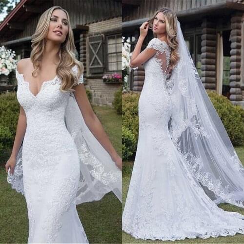 2021 Sexy V-neck Cap Sleeves Mermaid Wedding Dresses Lace Appliques robe de mariee Bridal Gown