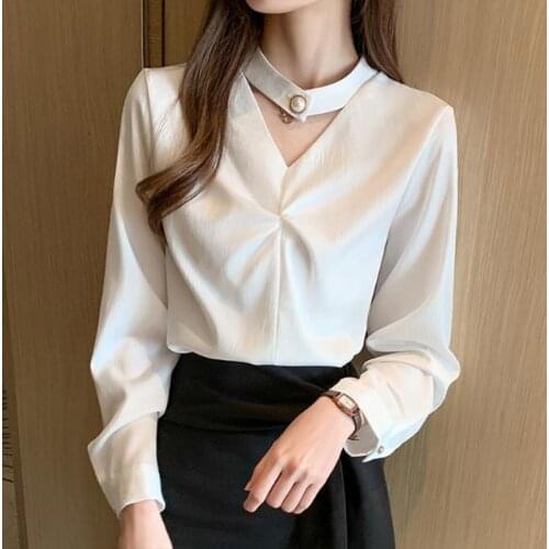 Womens Spring Autumn Style Blouse Shirt Womens Rivet Bead Solid Color Long Sleeve O-neck Elegant Temperament Tops DD8458