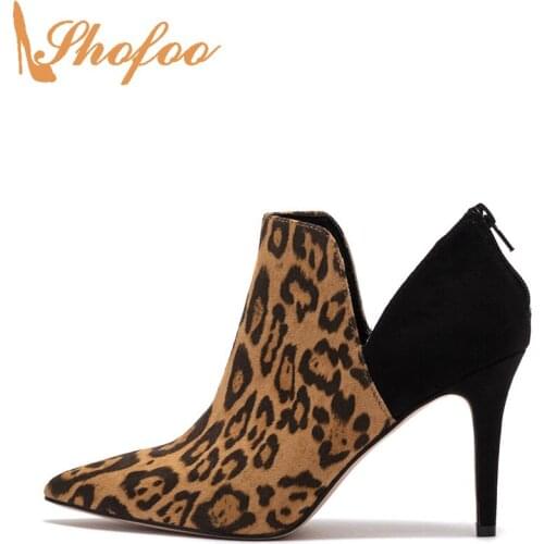 Black Leopard Patchwork Ankle Boots High Stiletto Heels Woman Pointed Toe Booties Large Size 13 15 Ladies Fashion Shoes Shofoo