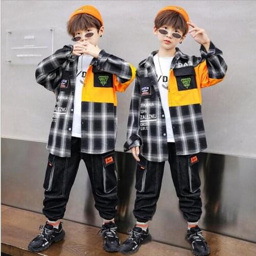 Kids Performance Hip Hop Clothing Plaid Shirt Tops Tactical Cargo Pants for Girls Boys Dance Costumes Clothes Street Wear
