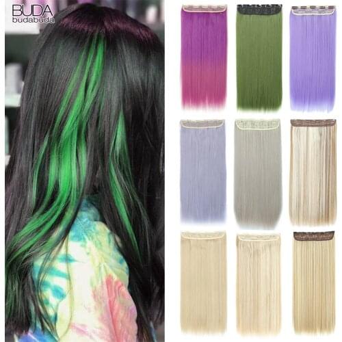 22Inch 5 Clips In One Piece Long Straight Hair For White Women Hair Synthetic Hairpiece Extensions Brown Green Pink Ombre