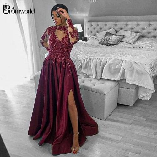 Elegant Burgundy Long Sleeves Evening Dresses 2020 A-Line Satin Lace Appliques Beaded Dubai Arabic Formal Evening Gown Prom