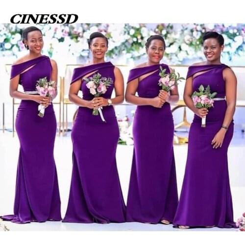 Purple Long Bridesmaid Dresses 2020 African Black Girl Women Satin Mermaid Wedding Party Dress Prom Formal Gown vestidos Custom