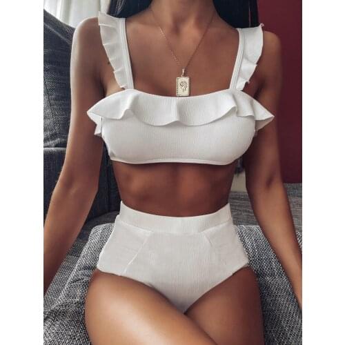 Ruffled Hem Bikini Set Women Solid White V-neck High-waisted Two Piece Swimsuit 2020 Girl Beach Bathing Suit Swimwear Biquinis