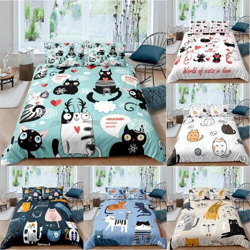 Home Textile Cartoons Cute Cat Quilt Cover Duvet Cover Pillow Case Boy Girl 2/3Pcs Bedding Set King Queen Twin Size