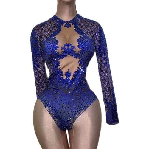 Royal Blue Bodysuit Rhinestone Jumpsuit Women Sparkling Crystal Bodycon Party Club DJ Outfit Stage Catwalk Show Dance Costume