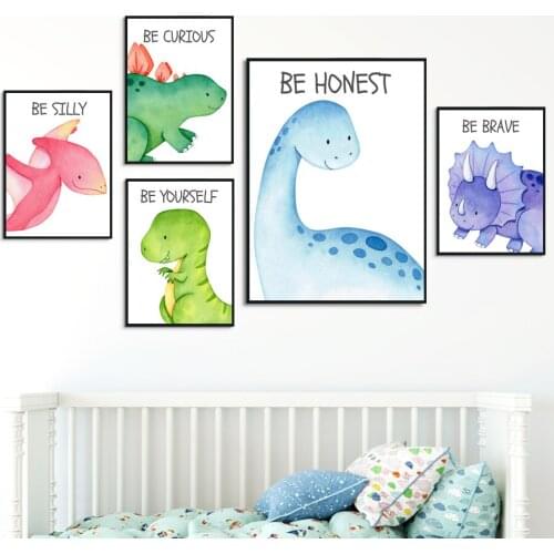 Colorful Dinosaur Brave Kind Curious Quote Nordic Posters And Prints Wall Art Canvas Painting Wall Pictures Baby Kids Room Decor