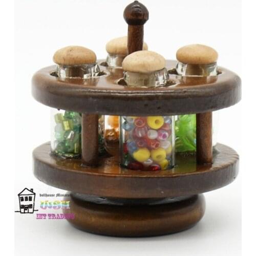Dollhouse miniature Dolls accessories 1:12 Brown Condiment rack Wood circular shelf include 4 bottles of condiment