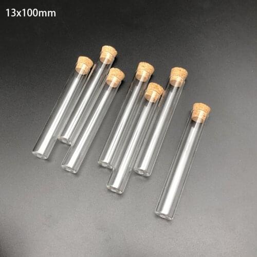 50pcs/lot Lab 13x100mm Flat bottom Clear Glass Test Tube With Cork Wooden Stoppers for School Laboratory experiment