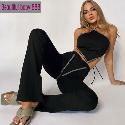 Meqeiss 2021 Summer Trend Sportswear Ladies Casual Sexy Halter Bandage BellyBand Top + Straight Pants Matching Suit Streetwear