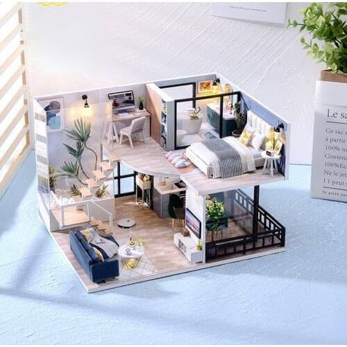 3D DIY Miniature Dollhouse Wooden Double-decker Loft Handmade Model Room Decor Assembling 3D Wooden Miniature Dollhouse Toys