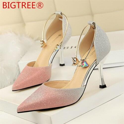 Fashion Buckle Gradient Pumps Women Elegant Thin High Heels Point toe Party Wedding Shoes Woman Glod Sliver Black