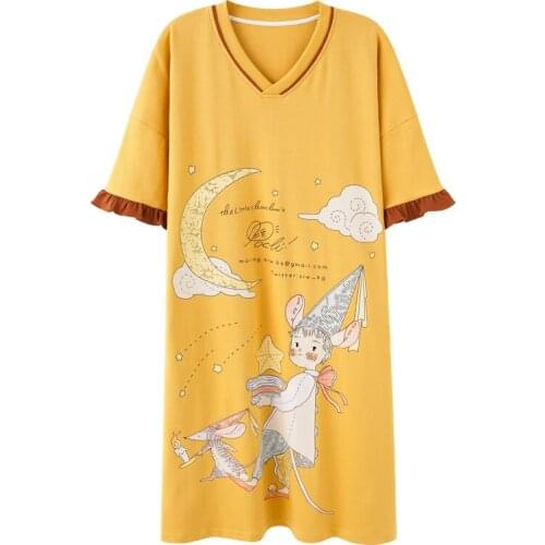 ATOXY Fashion Women Nightgown Summer Shorts Cool Night Dress Sexy Cross Back Navy Blue Kawaii Printed Cotton Sleepwear