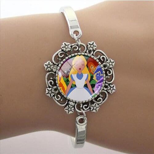 Disney Fashion High Quality Lace Bracelet Alice In Wonderland Art Photo Glass Dome Bracelet Charm Lady Gift