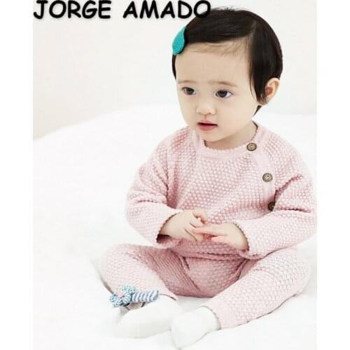 2021 New Spring Baby Pajamas Waffle Long Sleeve Sweater 2 piece Sets Lovely Warm Soild Girls Boys Clothes E2302
