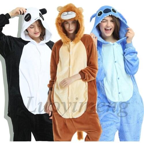 Adults Animal Unicorn Pajamas Nightie Winter Sleepwear Kigurumi Stitch Panda Lion Wolf Pyjamas Women Onesies Costumes Jumpsuit