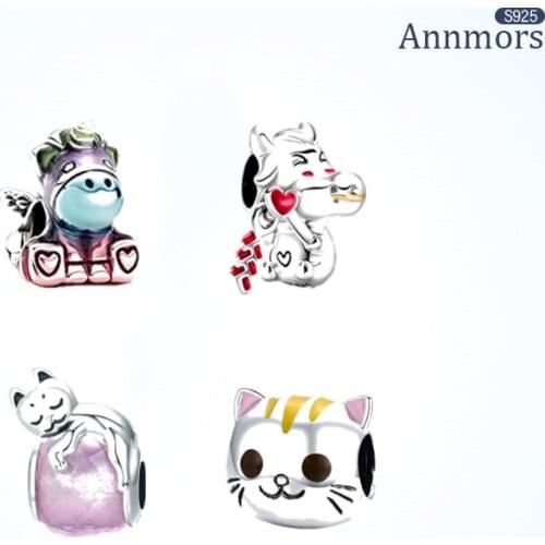 Cute Animal Charm 925 Sterling Silver Dog Cat Firecracker Bull Sliver Zircon Fits Pandora Bracelet Necklace Jewelry Bead Gifts