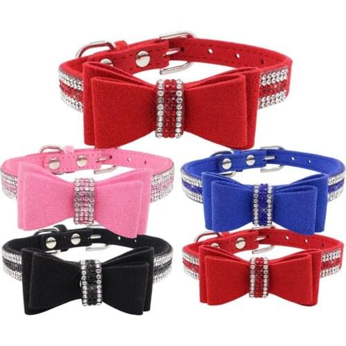 Adjustable Bowknot Color Soft Fiber Crystal Bowtie Kitten Necklace Necktie Pet Choker Neck Collars Puppy Dog Cat Collars