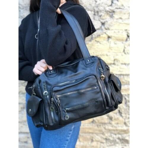 Hand And Shoulder Bag For Women Black Zipper Multi Pocket Leather Daily Use Shopping Travel High Quality Stylish Elegant Spring