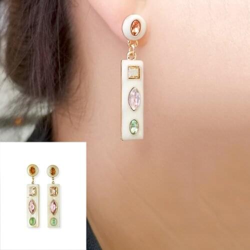 Handmade Enamel Gold Inlaid Color Gem Earrings for Women Bohemian Fashion Crystal Enamel Rectangular Pendant Earrings Gift