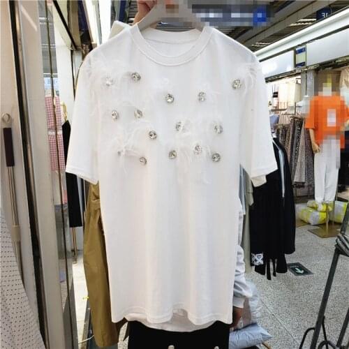 Loose Summer T Shirt Women 2021 New White Feather Tassel Heavy Industry Rhinestone-Encrusted Diamond Casual T-shirts Top