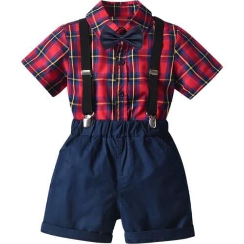#VW 12M-5Y Boys Sets Summer Gentleman Bowtie Plaid Print Short Sleeve Tops Suspenders Shorts Outfits Children Boys Clothes ropa