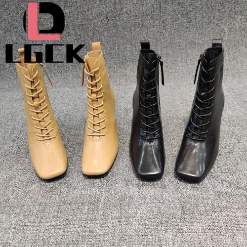 Plus Size 34-43 Fashion Ankle Boots Women High Heels Female Lace Up Womens Shoes Autumn Winter Zipper Woman Short Boot Ladies