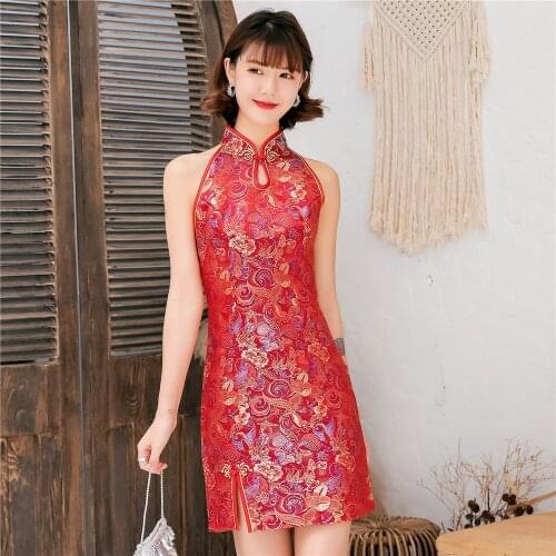 Oversize 3XL Red Traditional Women Satin Summer New Chinese Dress Vestidso Sleeveless Sexy Chwongsam Mini Elegant Qipao