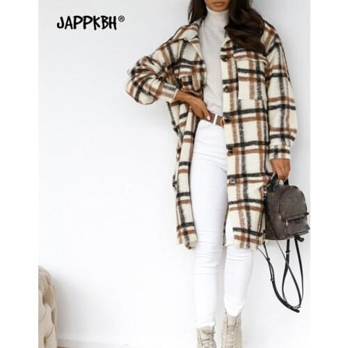 Women Wool Blend Coats Female Plaid Long Jackets 2021 Thin Autumn Spring Outwears Loose Street Wear Women Clothing Vintage Coat