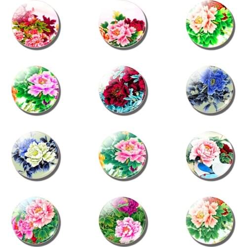 12pcs Chinese Peony Fridge Magnet Glass Dome Red Peony Flower Refrigerator Sticker Flower Loversfridge Magnet Home Decoration
