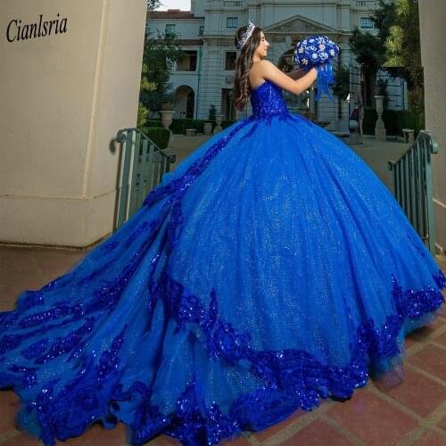 Sparkly Royal Blue Crystal Sleeveless Ball Gown Quinceanera Dresses Sweetheart Sequined Appliques Sweet 16 Prom Party Dress