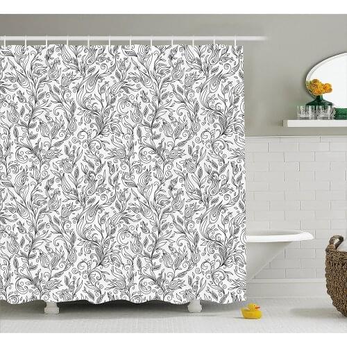 Floral Shower Curtain Flowers Swirls Ivy with Leaves Eastern Modern Paisley Inspired Image Sketch Art Home Decor Bath Curtains