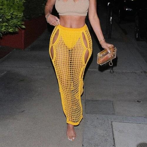 Long Skirt Yellow Crochet Knitting Sexy Elastic See-Through Hollow Out Grid Skirts for Summer Vacation Outfits Beach Party 2021