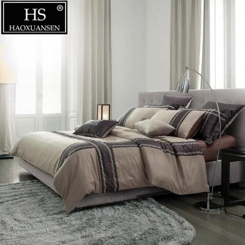 Luxury Beige Nordic Business Style Bedding Sets Floral Embroidery 4pcs 6pcs Bed Linen Set Double Cotton Sheet Queen King Size