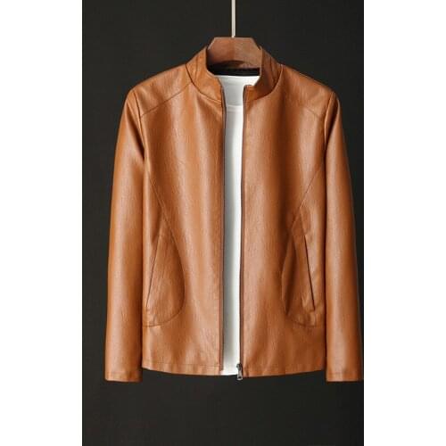 Mens Casual Zip Up Slim Bomber Faux Leather Jacket