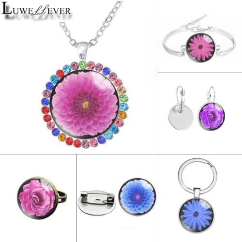 New 583 Flower Glass Necklace Bracelet 30mm 25mm Double Sided Round Glass Cabochon Jewelry For Unisex Charm Pendant