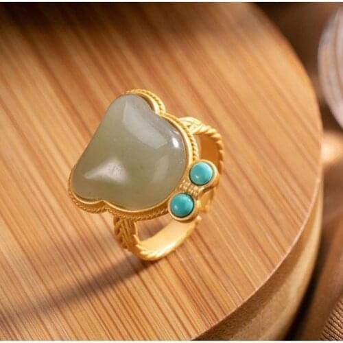 "Cute Bear" Natural Hetian Jade Gray Jade Ring Ancient S925 Sterling Silver Opening Ring Simple Personality Fun Female
